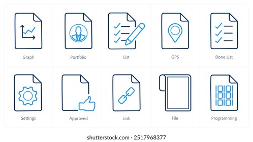 Um conjunto de 10 ícones de arquivo como gráfico, portfólio, lista