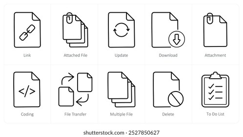 A set of 10 File icons as link, attached file, update