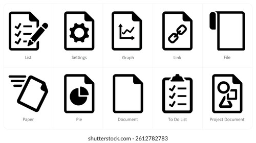 A set of 10 File icons as list, settings, graph