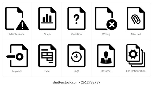 A set of 10 File icons as maintenance, graph, question