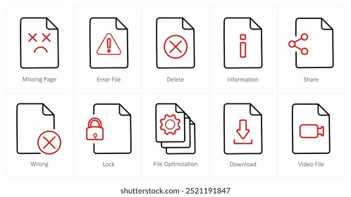Um conjunto de 10 ícones de arquivo como página ausente, arquivo de erro, excluir