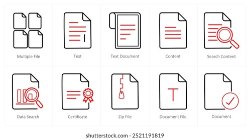 Um conjunto de 10 ícones de arquivo como vários arquivos, texto, documento de texto