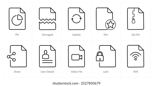 A set of 10 File icons as pie, damaged, update