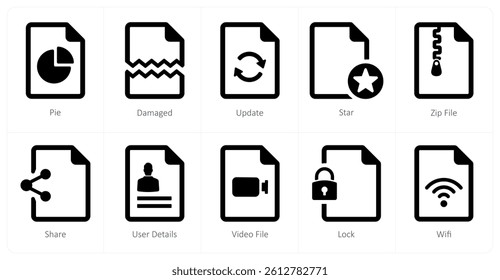 A set of 10 File icons as pie, damaged, update