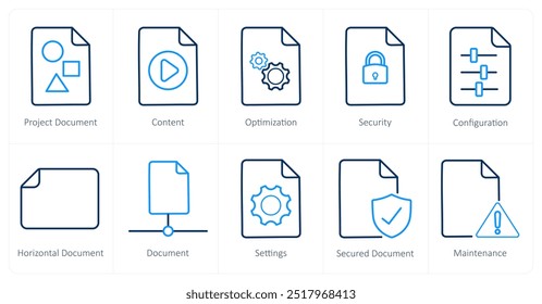 Un conjunto de 10 iconos de archivo como documento de proyecto, contenido, optimización