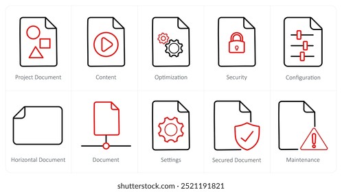 Un conjunto de 10 iconos de archivo como documento de proyecto, contenido, optimización