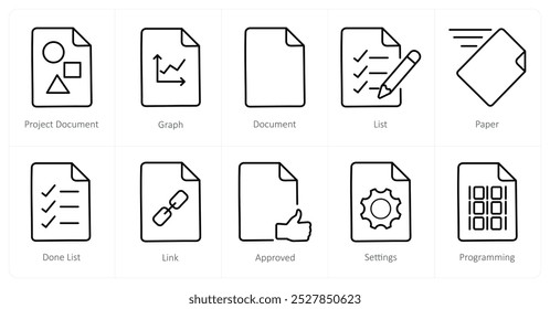 Ein Satz von 10 Dateisymbolen als Projektdokument, Diagramm, Dokument