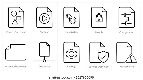 Un conjunto de 10 iconos de archivo como documento de proyecto, contenido, optimización