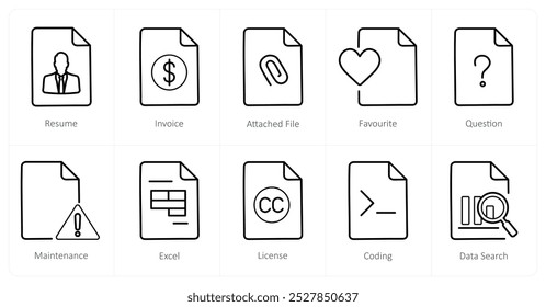 A set of 10 File icons as resume, invoice, attached file
