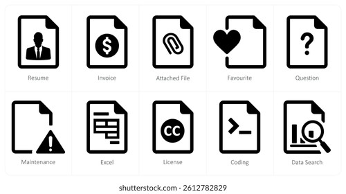 A set of 10 File icons as resume, invoice, attached file