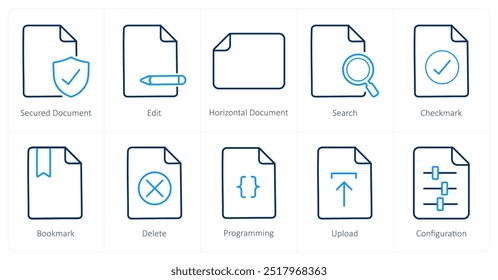 A set of 10 File icons as secured document, edit, horizontal document
