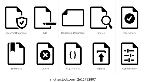 A set of 10 File icons as secured document, edit, horizontal document