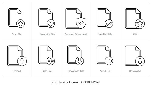 Um conjunto de 10 ícones de arquivo como arquivo estrela, arquivo favorito, documento protegido