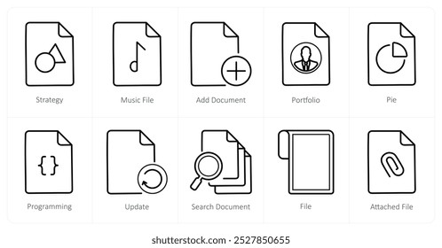 Un conjunto de 10 iconos de archivo como estrategia, archivo de música, añadir documento