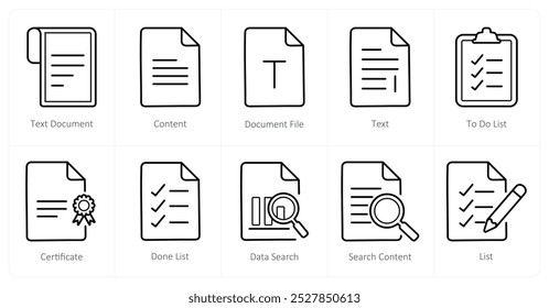 Um conjunto de 10 ícones de arquivo como documento de texto, conteúdo, arquivo de documento