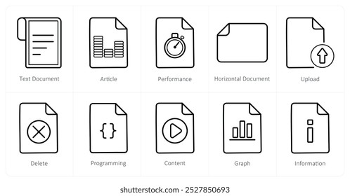 Um conjunto de 10 ícones de arquivo como documento de texto, artigo, desempenho