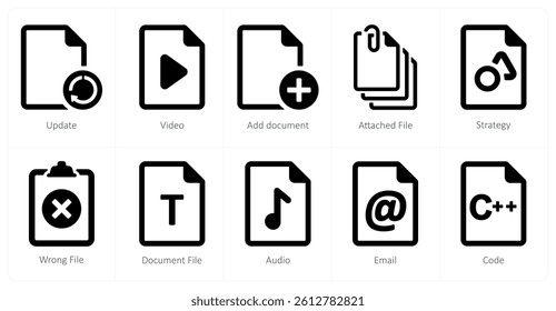 A set of 10 File icons as update, video, add document