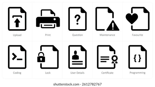 A set of 10 File icons as upload, print, question