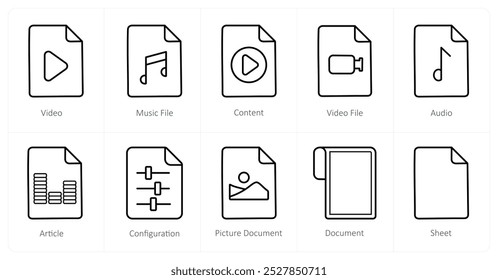 A set of 10 File icons as video, music file, content