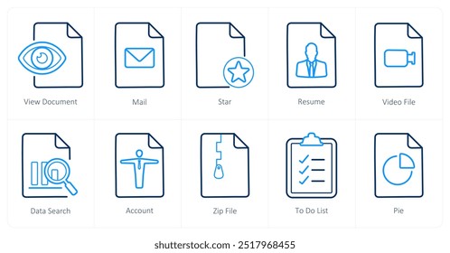Um conjunto de 10 ícones de arquivo como exibir documento, email, estrela