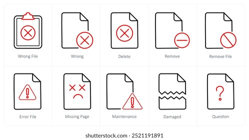 Um conjunto de 10 ícones de arquivo como arquivo errado, errado, excluir