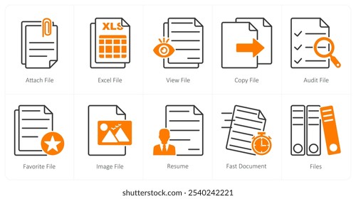 Un conjunto de 10 iconos de archivos como archivo adjunto, archivo de Excel, ver archivo