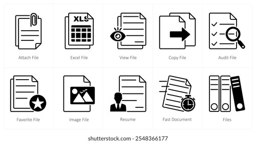 Un conjunto de 10 iconos de archivos como archivo adjunto, archivo de Excel, ver archivo
