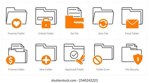 A set of 10 files icons as favorite folder, unlock folder, zip file