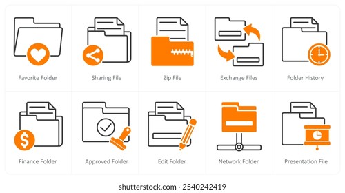 A set of 10 files icons as favorite folder, sharing file, zip file