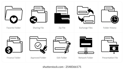 A set of 10 files icons as favorite folder, sharing file, zip file