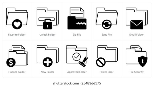 A set of 10 files icons as favorite folder, unlock folder, zip file