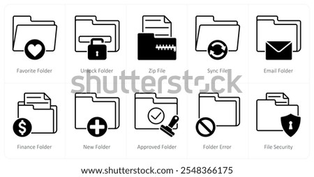 A set of 10 files icons as favorite folder, unlock folder, zip file