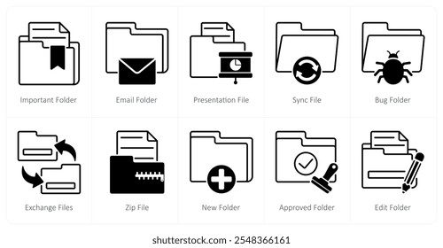 Un conjunto de 10 iconos de archivos como carpeta importante, carpeta de correo electrónico, carpeta de presentación