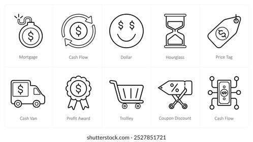 A set of 10 finance icons as mortgage, cash flow, dollar