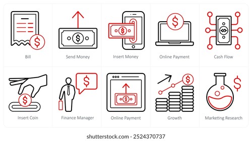 Um conjunto de 10 ícones de finanças e dinheiro como fatura, enviar dinheiro, inserir dinheiro