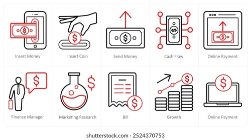 Um conjunto de 10 ícones de finanças e dinheiro como dinheiro inserido, inserir moeda, enviar dinheiro