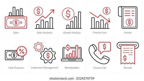 Um conjunto de 10 ícones de finanças e dinheiro como vendas, análise de vendas, análise de crescimento