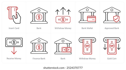 Um conjunto de 10 ícones de finanças e dinheiro como inserir cartão, banco, sacar dinheiro