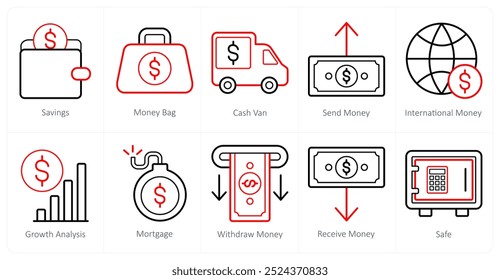 A set of 10 finance and money icons as savings, money bag, cash van