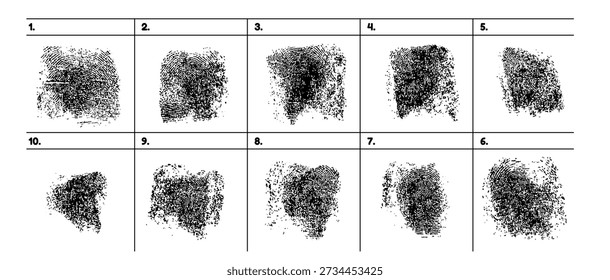 Conjunto de 10 patrones de huellas dactilares para los registros policiales. Impresiones detalladas del pulgar que muestran marcas de Identificación humanas únicas. Investigación del delito Vector colección