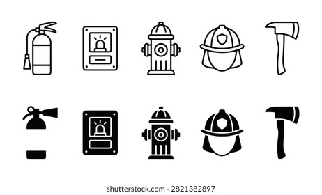 Set of 10 fire safety line and glyph icons showing fire extinguisher, alarm box, hydrant, helmet, and axe vector