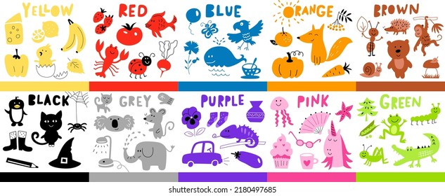 Set of 10 flashcards for kids with colors. Vector illustration.