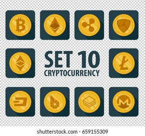 Set of 10 flat currency cryptocurrency icon