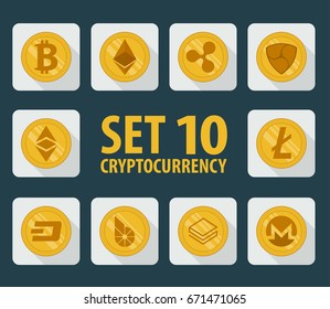 Set of 10 flat currency cryptocurrency icon on a light background