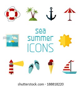 Set of 10 flat icons isolated on white background. Sea summer icons for your design.