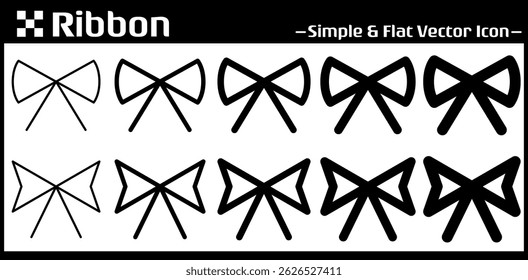 A set of 10 flat, minimal ribbon bow icons in black and white. Includes two bow styles and five line weight variations. Great for gift, present, packaging, decoration, or label design. Vector format.