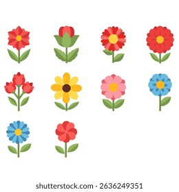 Set of 10 flat vector flowers in various colors and styles including tulips, daisies, and blossoms. Perfect for spring, garden, floral design, or decorative artwork