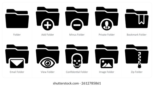 A set of 10 Folder icons as folder, add folder, minus folder