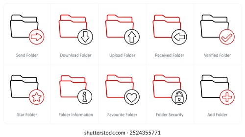 A set of 10 folder icons as send folder, download folder, upload folder