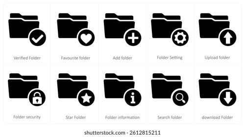 A set of 10 folder icons as verified folder, favorite folder, add folder